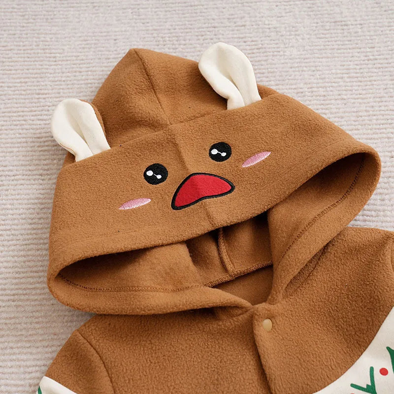 Christmas Cute Reindeer Long Sleeved Baby Hooded Jumpsuit