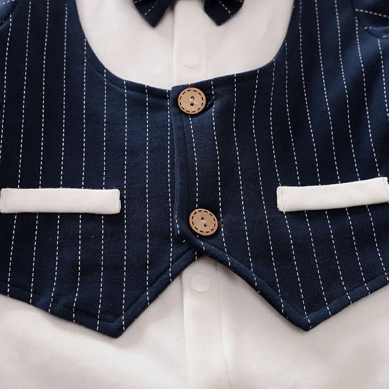 Baby Long sleeve Gentleman Cotton Striped Fashion Jumpsuit Handsome Bow Tie