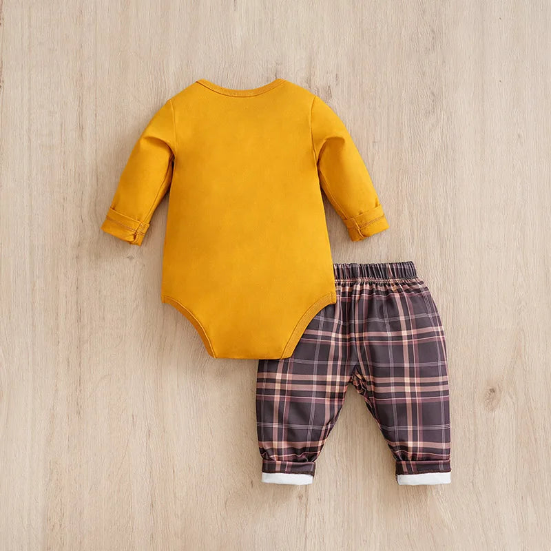 Gentleman Handsome Long Sleeved Baby Triangle Jumpsuit+Two Piece Pants Set