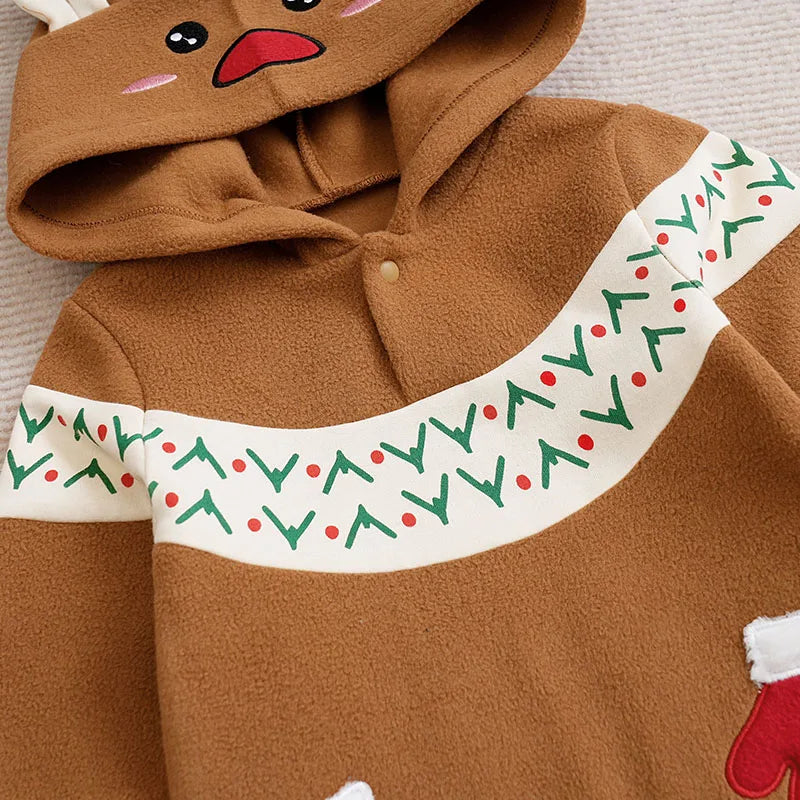 Christmas Cute Reindeer Long Sleeved Baby Hooded Jumpsuit