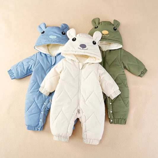 Winter Romper Thick Plus Clothes Solid Hooded Zipper Cotton Clothes Toddler Warm Jumpsuit