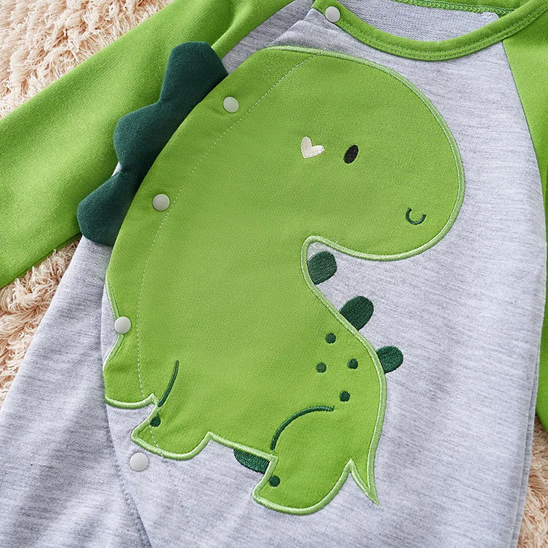 Long Sleeved Jumpsuit Cute Cartoon 3d Embroidery Dinosaur