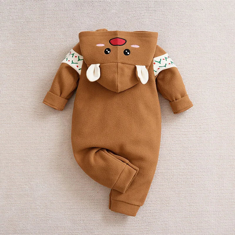 Christmas Cute Reindeer Long Sleeved Baby Hooded Jumpsuit