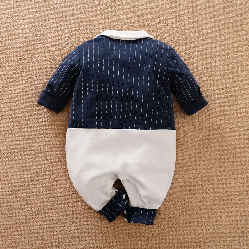 Baby Long sleeve Gentleman Cotton Striped Fashion Jumpsuit Handsome Bow Tie